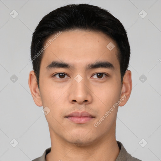 Neutral asian young-adult male with short  black hair and brown eyes