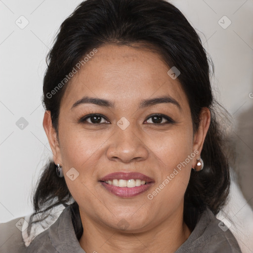 Joyful white adult female with medium  brown hair and brown eyes