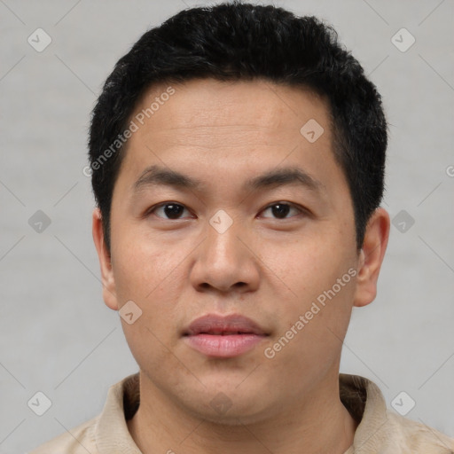 Neutral asian young-adult male with short  black hair and brown eyes