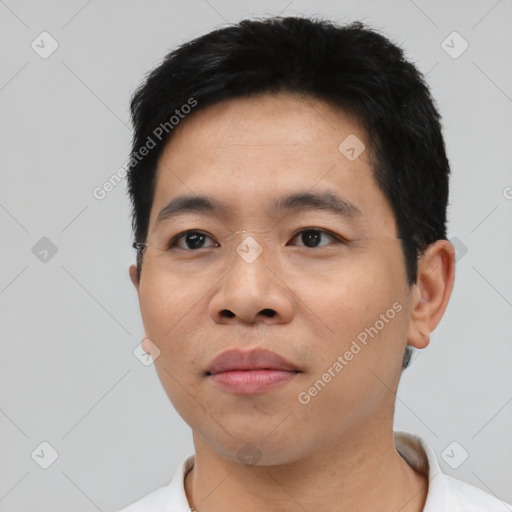 Neutral asian young-adult male with short  black hair and brown eyes