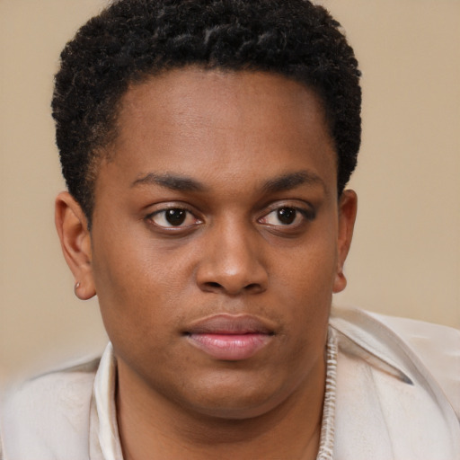 Neutral black young-adult female with short  brown hair and brown eyes