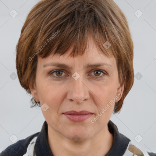 Joyful white adult female with medium  brown hair and grey eyes