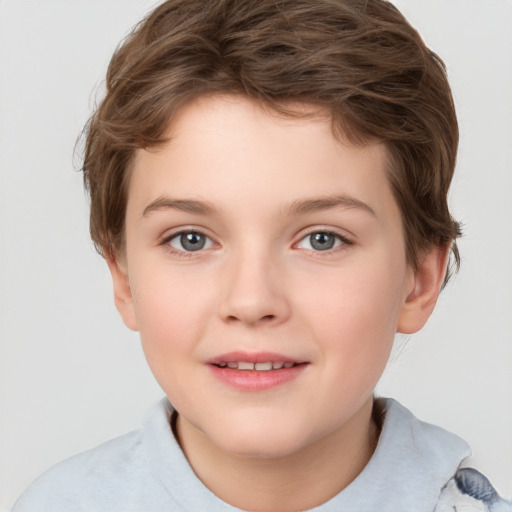 Joyful white child female with short  brown hair and brown eyes