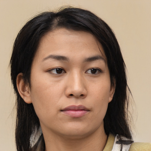 Neutral asian young-adult female with medium  brown hair and brown eyes