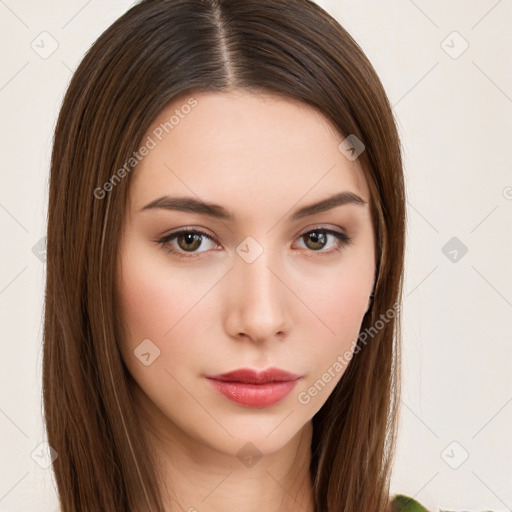 Neutral white young-adult female with long  brown hair and brown eyes