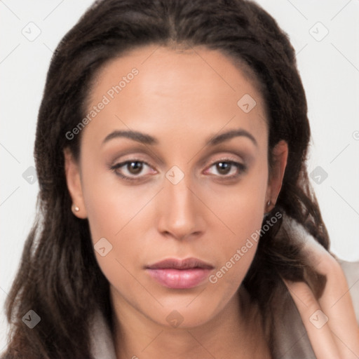 Neutral white young-adult female with long  brown hair and brown eyes