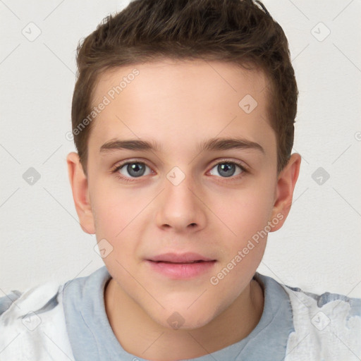 Joyful white child male with short  brown hair and brown eyes