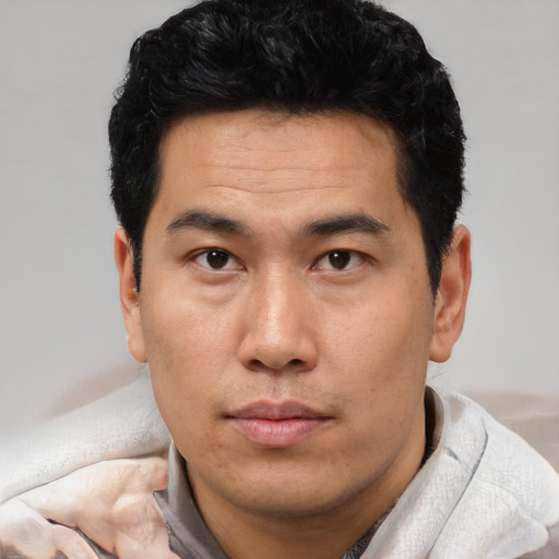 Neutral asian young-adult male with short  black hair and brown eyes