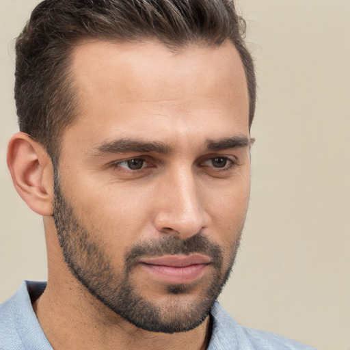 Neutral white young-adult male with short  brown hair and brown eyes