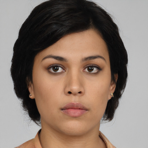 Neutral asian young-adult female with medium  black hair and brown eyes