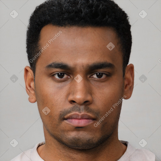 Neutral latino young-adult male with short  black hair and brown eyes