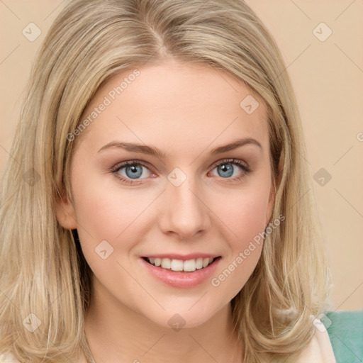 Joyful white young-adult female with long  brown hair and green eyes