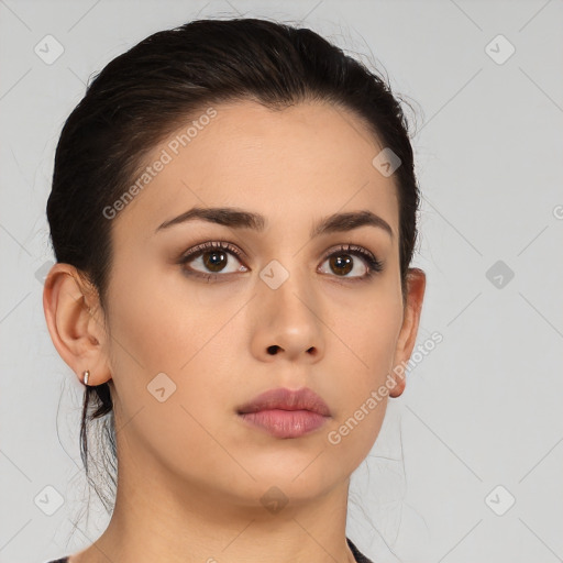 Neutral asian young-adult female with medium  brown hair and brown eyes