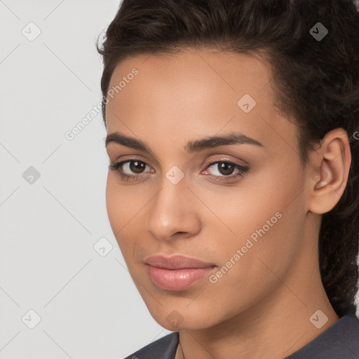 Neutral white young-adult female with short  brown hair and brown eyes