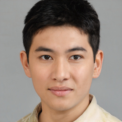 Neutral asian young-adult male with short  brown hair and brown eyes
