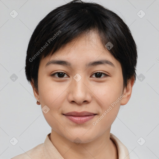 Joyful asian young-adult female with short  brown hair and brown eyes