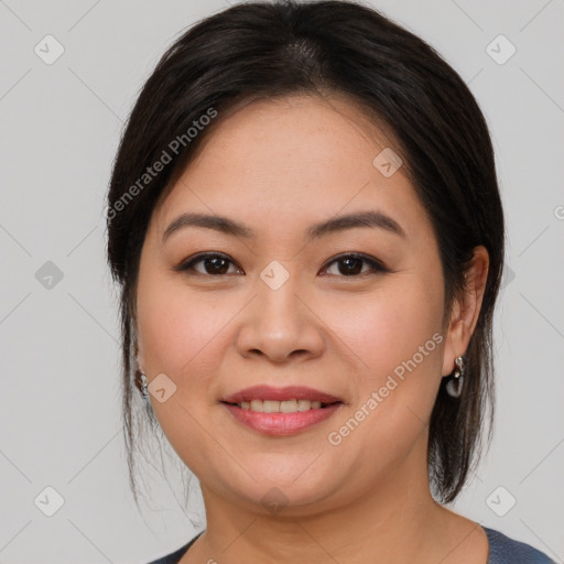 Joyful white young-adult female with medium  brown hair and brown eyes