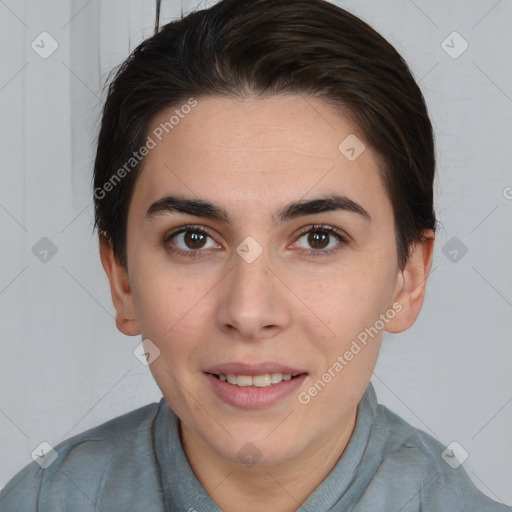 Joyful white young-adult female with short  brown hair and brown eyes