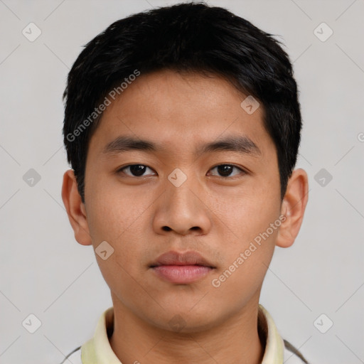 Neutral asian young-adult male with short  black hair and brown eyes