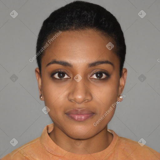 Joyful black young-adult female with short  black hair and brown eyes