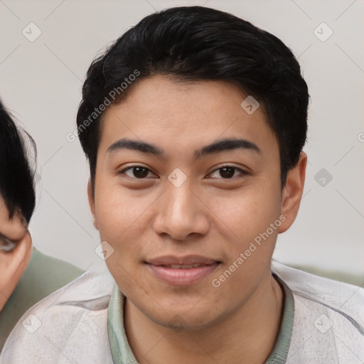 Joyful asian young-adult female with short  black hair and brown eyes