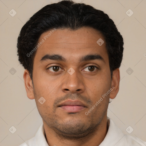 Neutral latino young-adult male with short  black hair and brown eyes