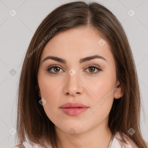 Neutral white young-adult female with long  brown hair and brown eyes