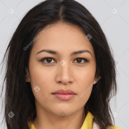 Neutral latino young-adult female with long  brown hair and brown eyes