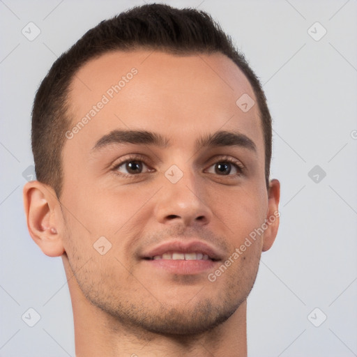 Neutral white young-adult male with short  brown hair and brown eyes