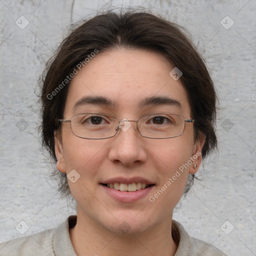 Joyful white adult female with medium  brown hair and brown eyes