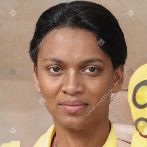 Joyful latino young-adult female with short  brown hair and brown eyes