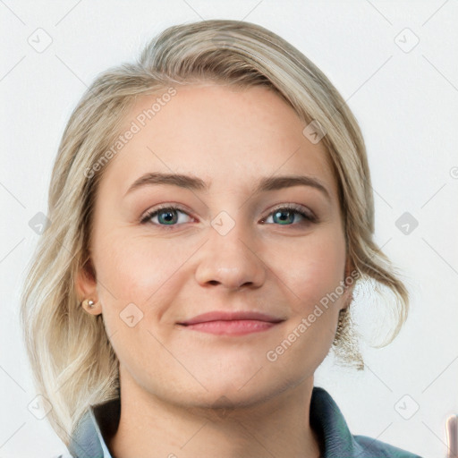 Joyful white young-adult female with medium  brown hair and blue eyes