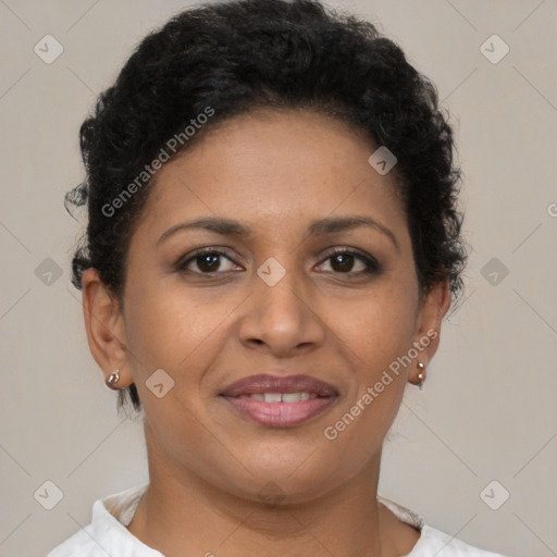 Joyful latino young-adult female with short  brown hair and brown eyes