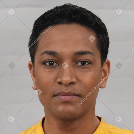 Neutral black young-adult male with short  black hair and brown eyes