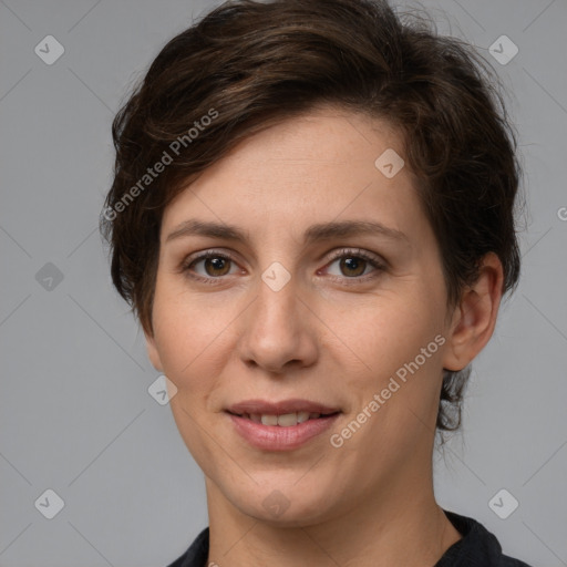 Joyful white young-adult female with medium  brown hair and grey eyes