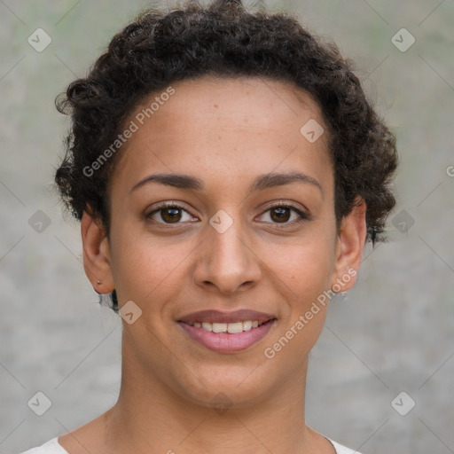 Joyful latino young-adult female with short  brown hair and brown eyes