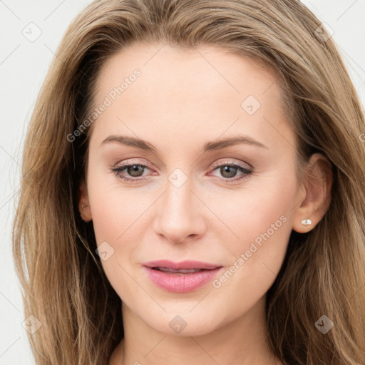 Joyful white young-adult female with long  brown hair and grey eyes