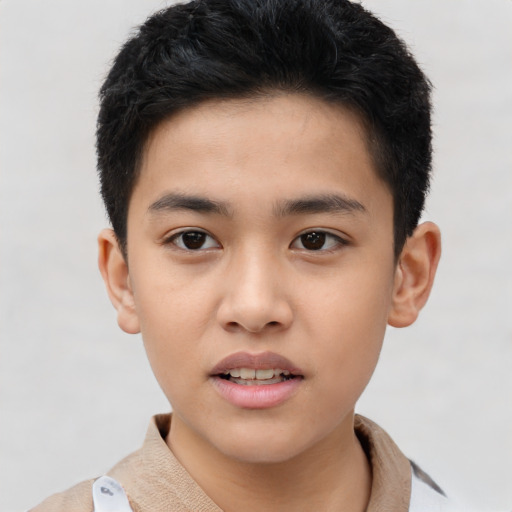 Joyful asian child male with short  brown hair and brown eyes