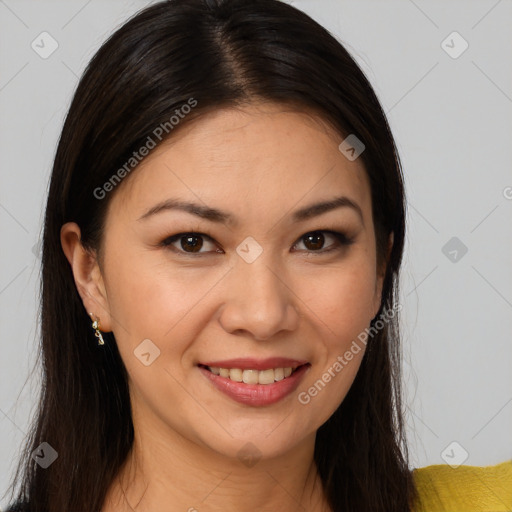 Joyful white young-adult female with long  brown hair and brown eyes