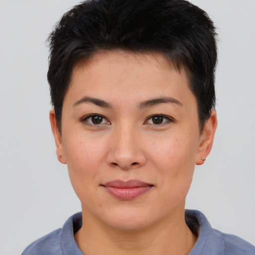 Joyful asian young-adult female with short  brown hair and brown eyes