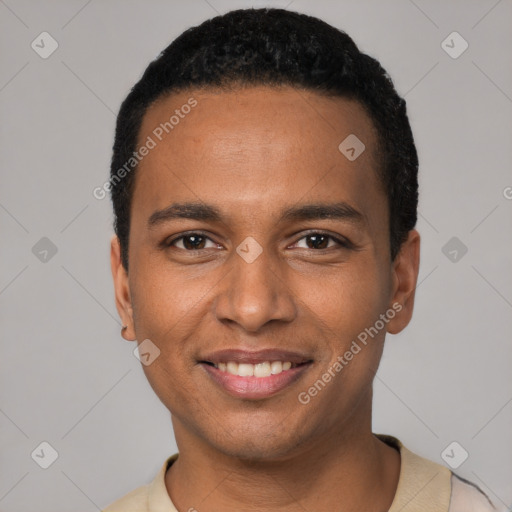 Joyful black young-adult male with short  black hair and brown eyes