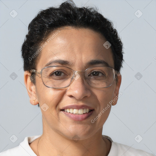 Joyful white adult female with short  brown hair and brown eyes