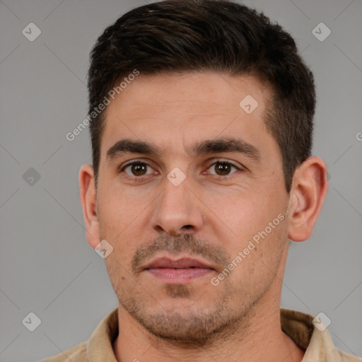 Neutral white adult male with short  brown hair and brown eyes