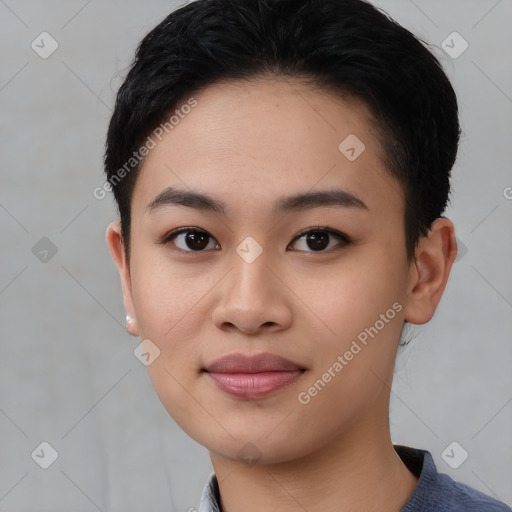 Joyful asian young-adult female with short  black hair and brown eyes