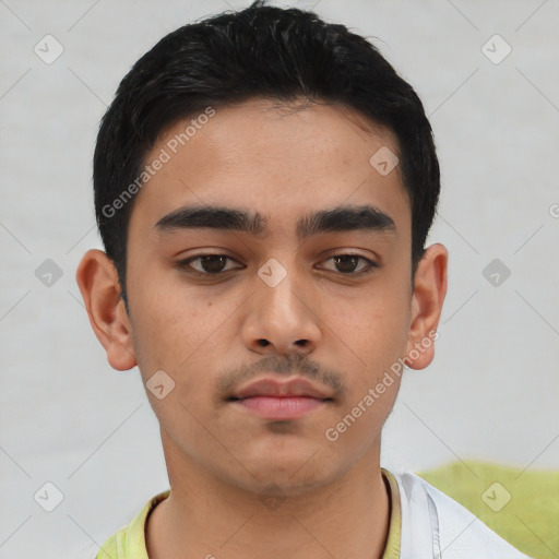 Neutral asian young-adult male with short  black hair and brown eyes