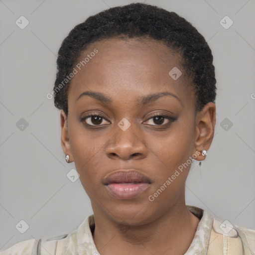 Neutral black young-adult female with short  black hair and brown eyes