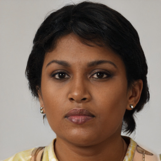 Neutral black young-adult female with medium  black hair and brown eyes