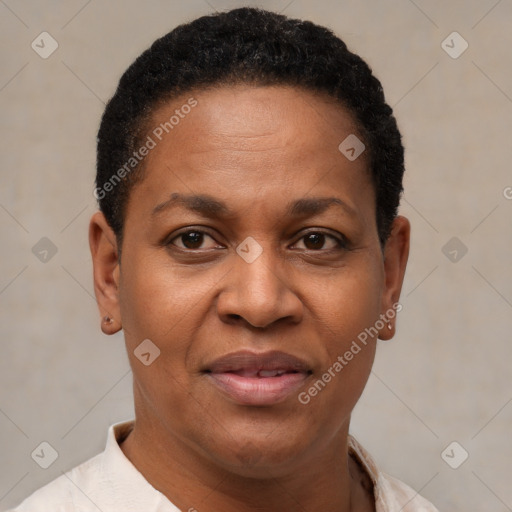 Joyful black adult female with short  brown hair and brown eyes