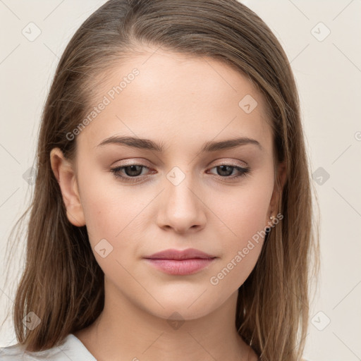 Neutral white young-adult female with long  brown hair and brown eyes