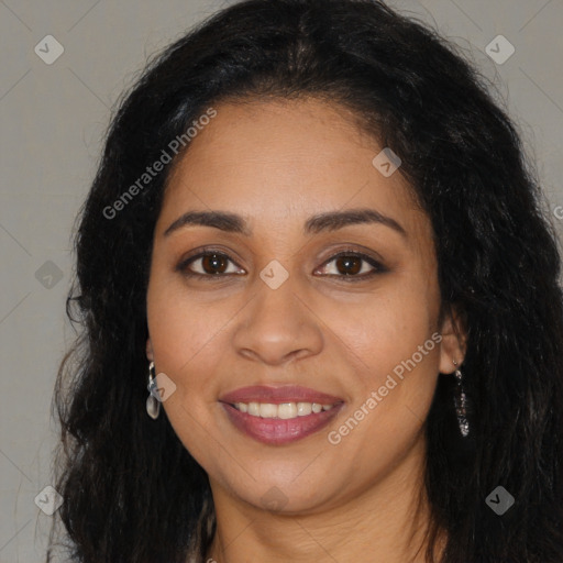 Joyful latino young-adult female with long  brown hair and brown eyes